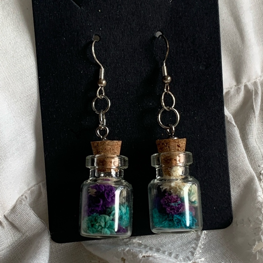 Colorful Dried Flower cork bottle earrings pierced drop hook